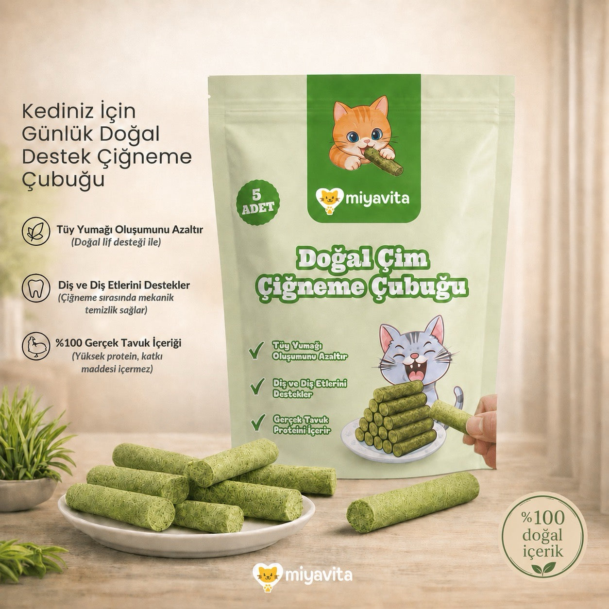 Miyavita Doğal Çim Çiğneme Çubuğu